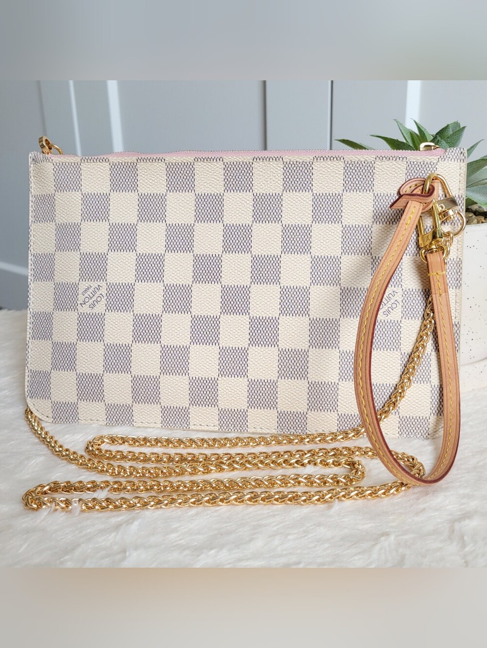 💕Louis Vuitton Neverfull Mm Clutch Wristlet Damier Azur Rose Ballerine